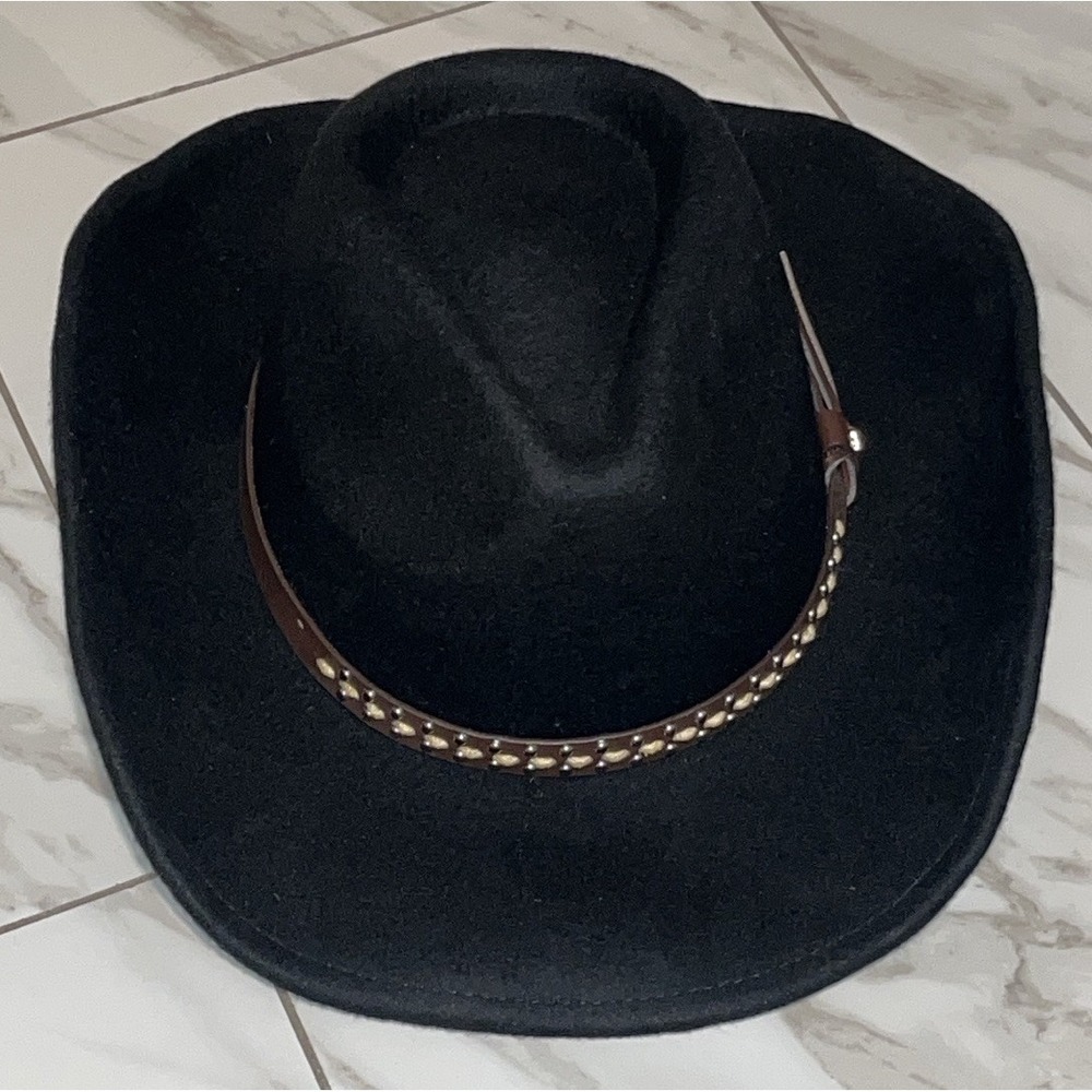 House of Harlow 1960 Black Wool Western Hat Studded Leather Band Fedora - Picture 3 of 10